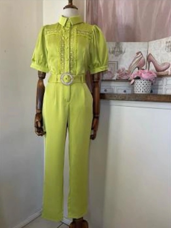 Pants - Women's Lime Green Three-Piece Pant Set with Belt